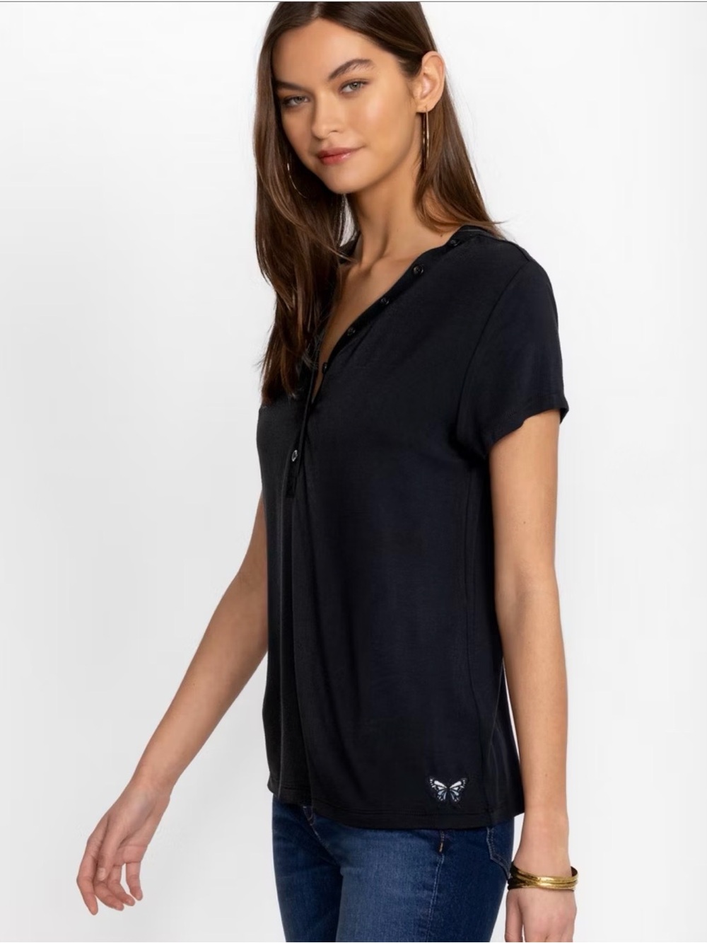 NWT Calme by Johnny Was Model Jersey Button Neck Tee in Black Beauty Sz M